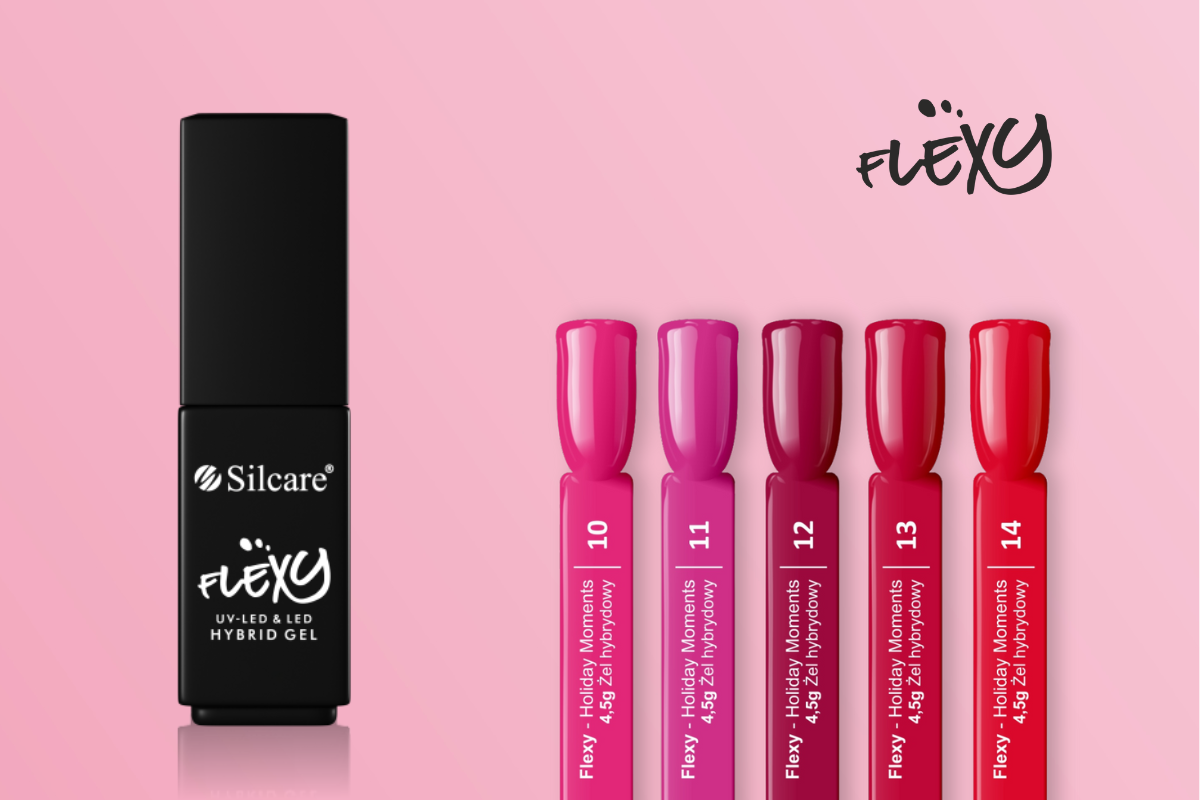Flexy hybrid nail polishes along with the product bottle and colors from the Holiday Moments series