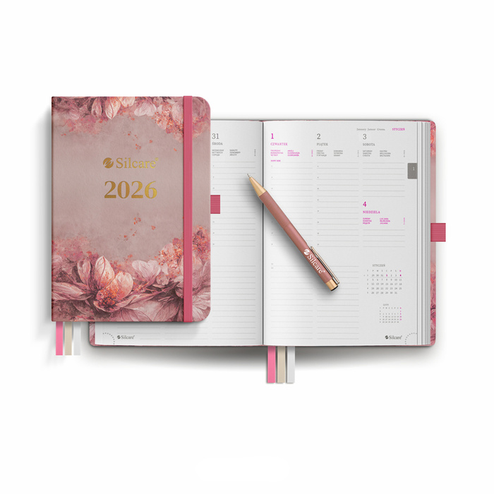 Blumen A5 Buchkalender Silcare 2026 mit Gummiband + Stift